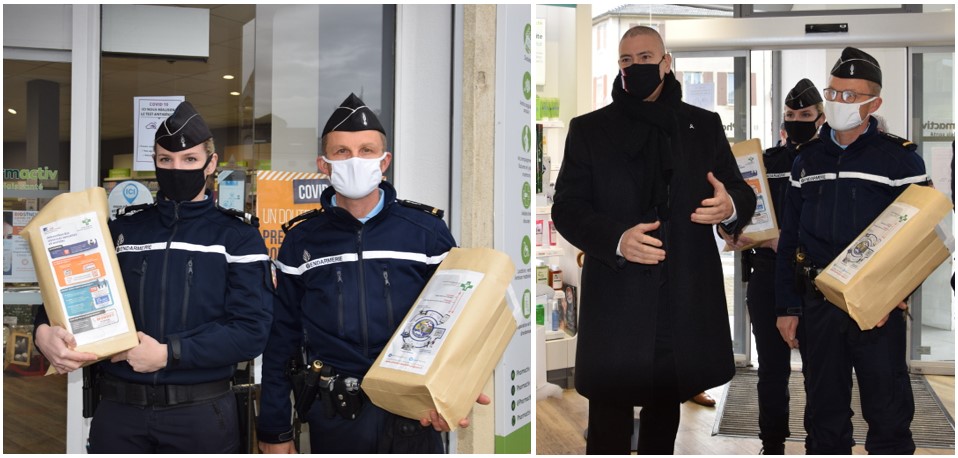 Distribution des sachets pharmacies par la Gendarmerie de la Drôme, en présence de M. le Préfet